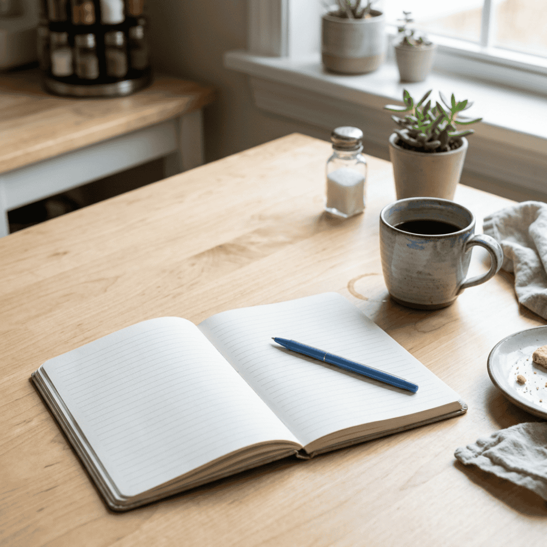 a single journal on a kitchen table