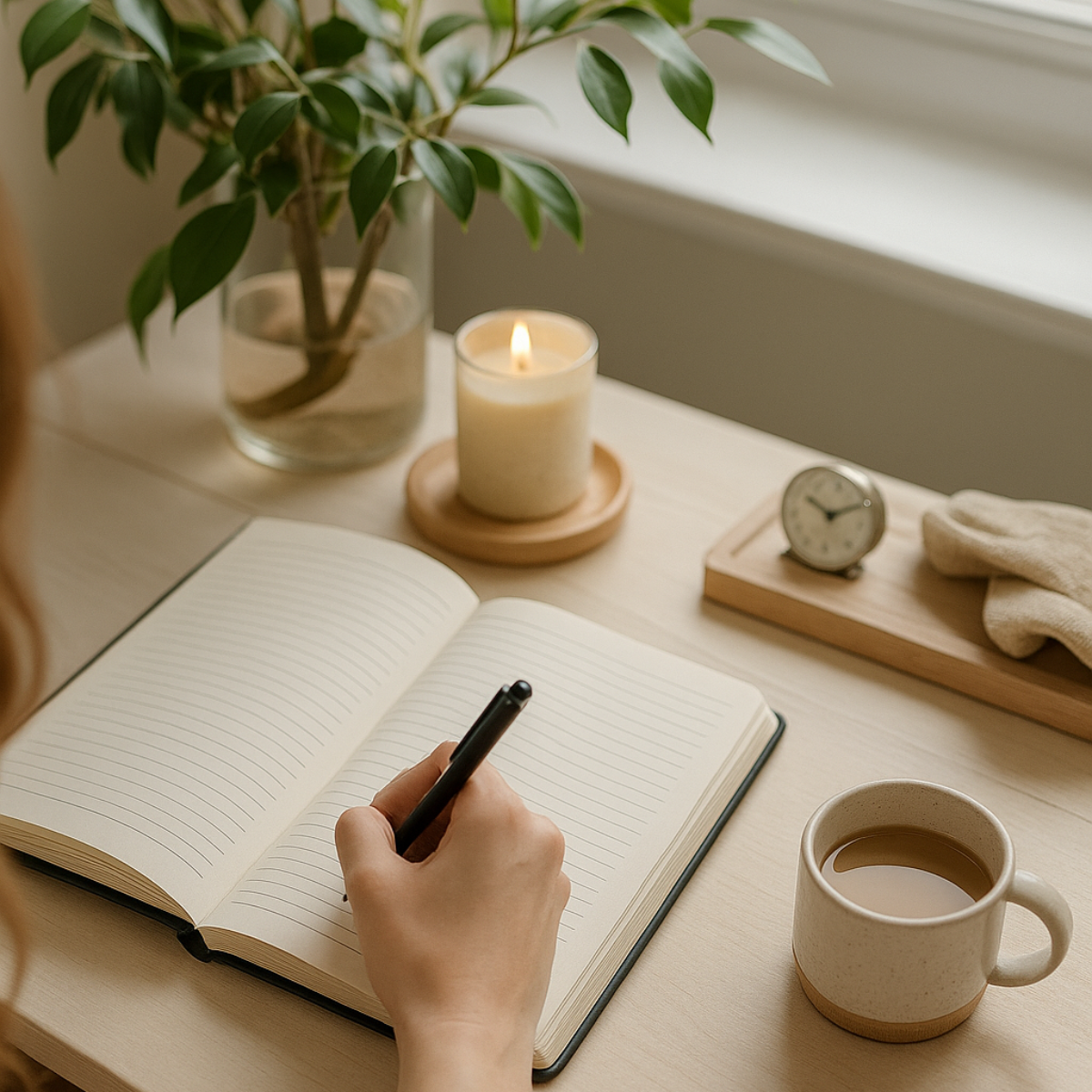 Open journal, pen, and a warm drink on a table