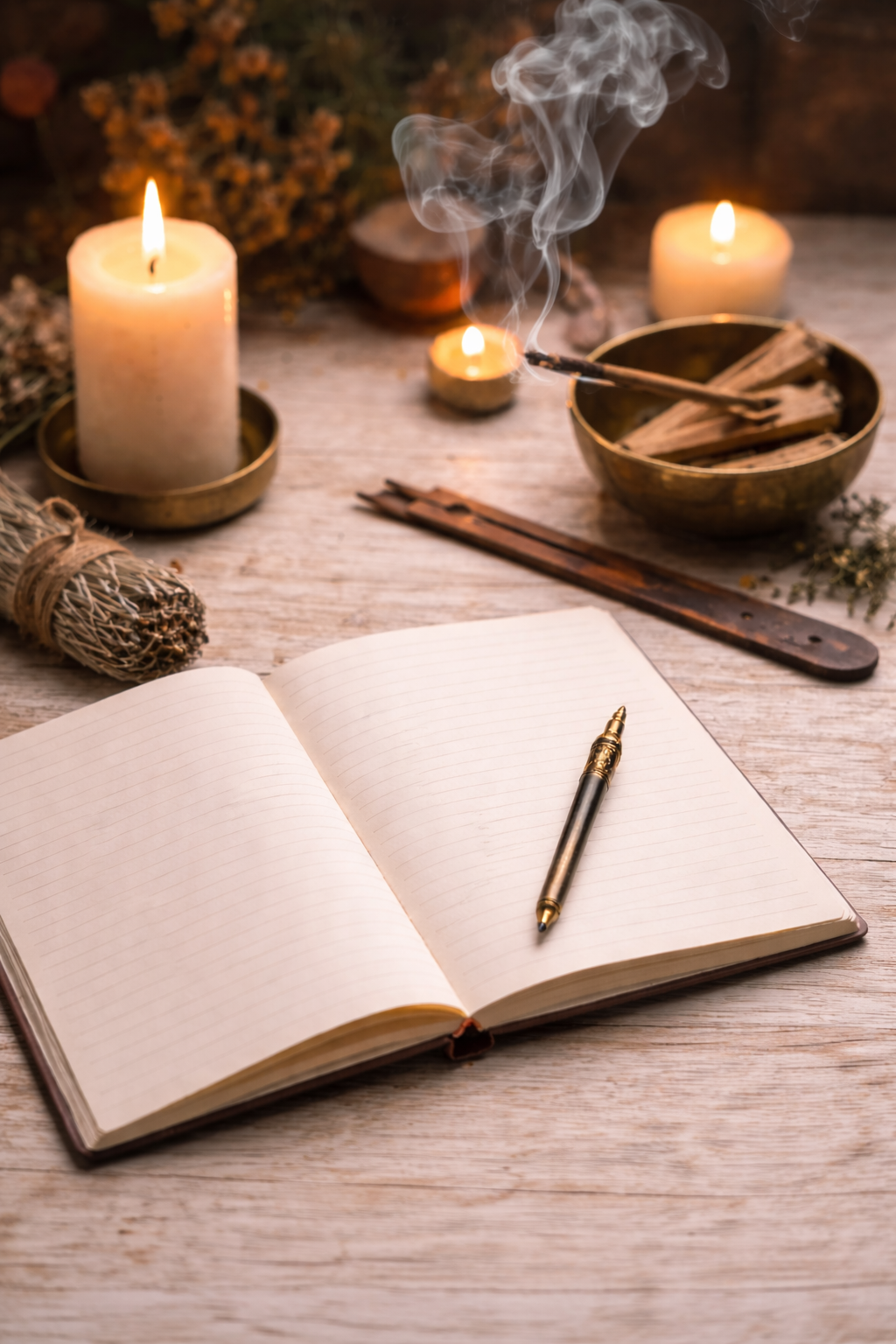 a single journal on an altar with incense