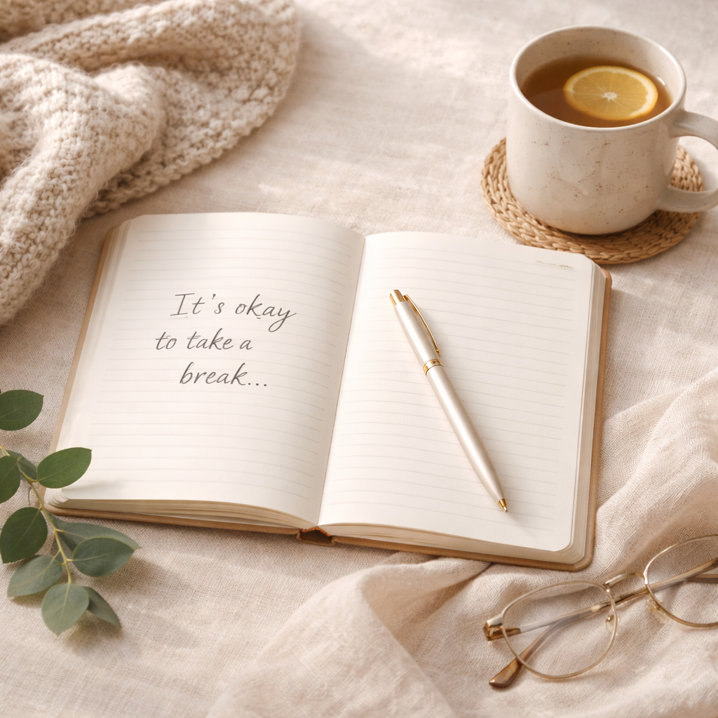 a single journal on a desk, cup of tea