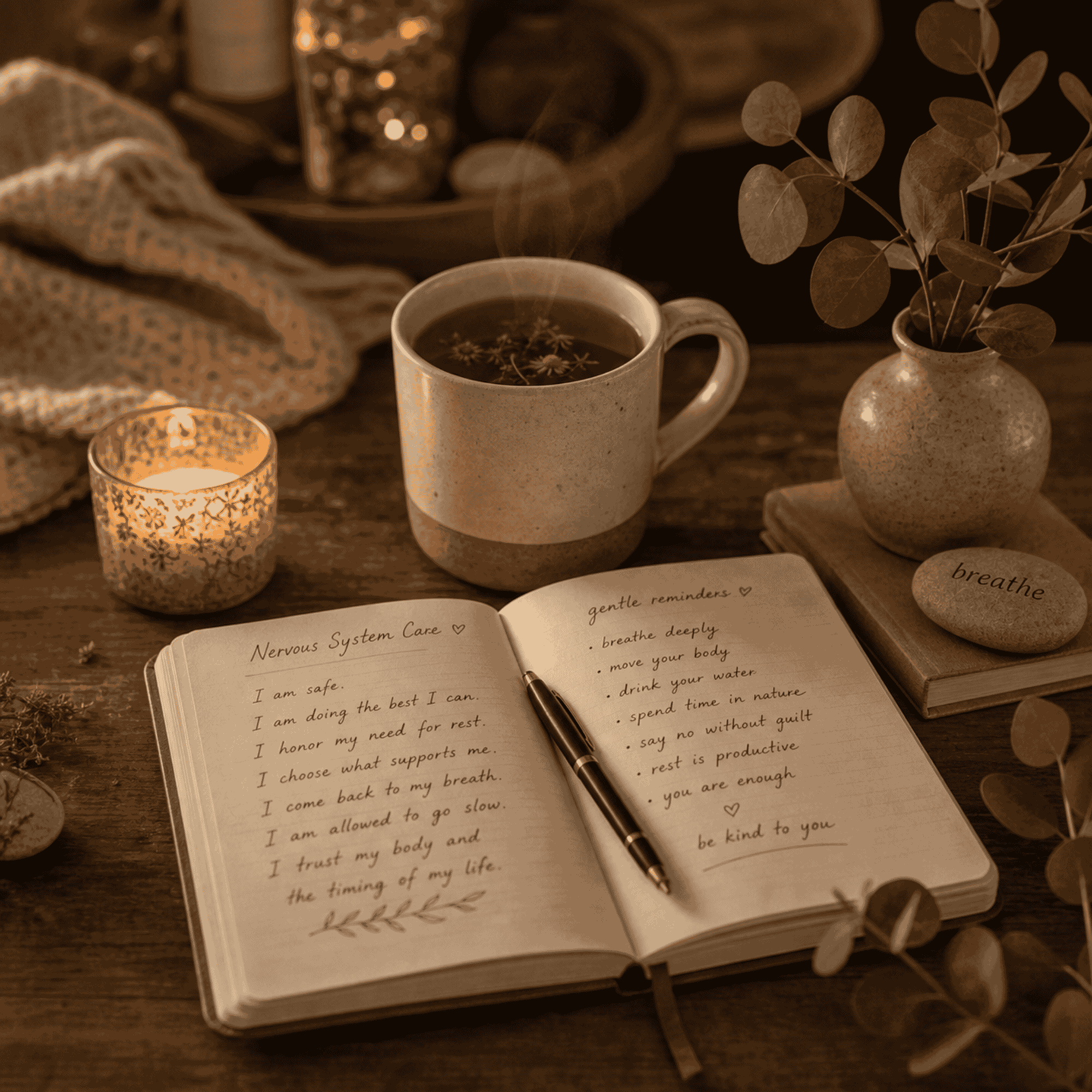 a single journal, candle, cup of tea