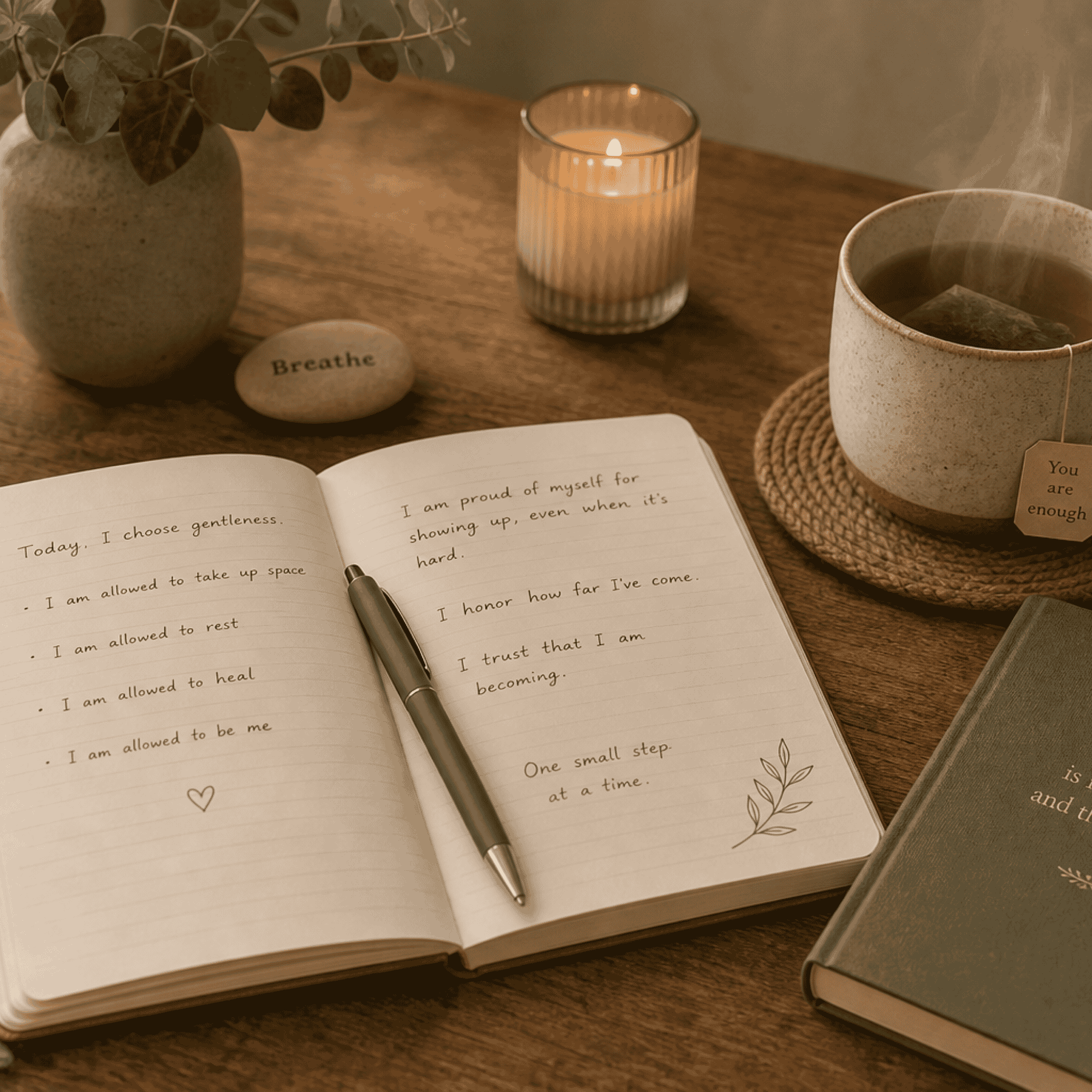 a single journal with a cup of tea